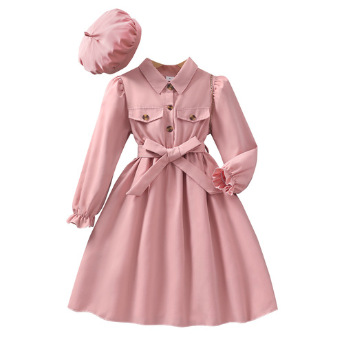 New Women's and Older Children's Long-Sleeve Collared Solid Color Dress with Belt and Hat
