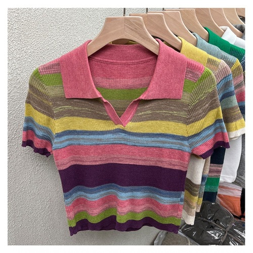 New  Summer Rainbow Striped Contrast Collar Knit Short Sleeve Top