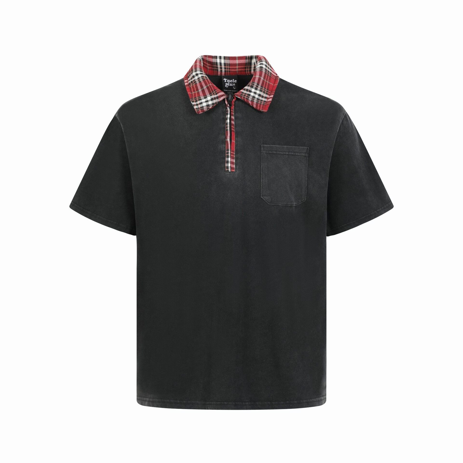 Catalog 2025 Summer New Style American Retro Casual Washed and Distressed Plaid Lapel Polo Shirt Men's Loose Short Sleeves