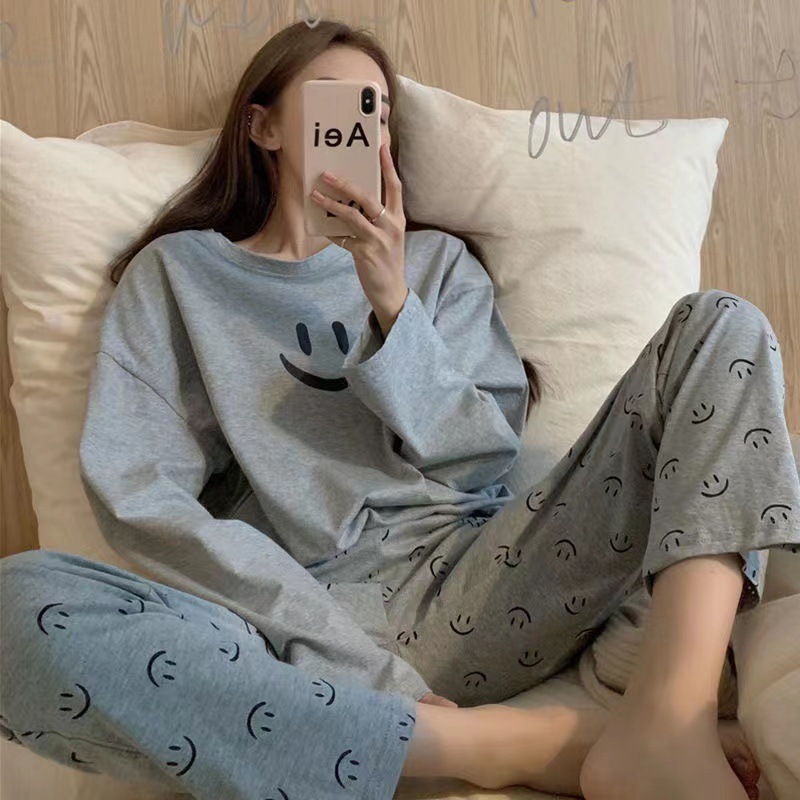 Manga larga nuevo estilo pijamas mujeres Dongdaemun estilo coreano en el estilo de la cara sonriente cuello redondo ropa para el hogar Otoño e Invierno traje de entrega en vivo