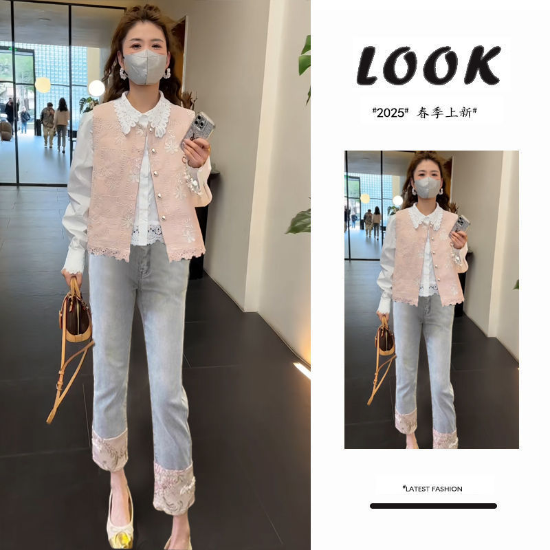 Korean Retro White Lapel Shirt with Vest Suit for Women Autumn New Slim Jeans Three-Piece Suit