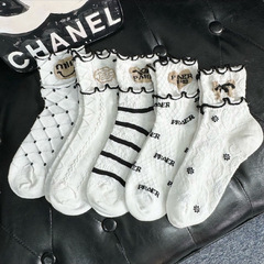 網紅春夏雙層木耳花邊薄款女襪小香風白色浮雕中筒襪一件代發