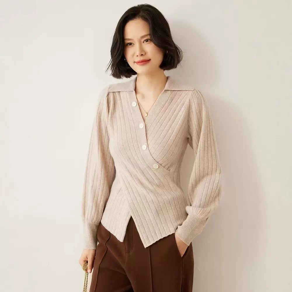 爆款山羊绒法式POLO交叉V领斜扣针织羊毛衫打底上衣秋冬款毛衣女