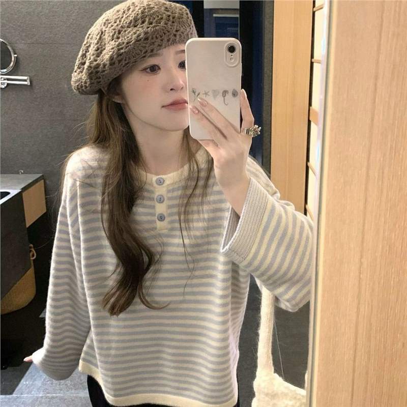 蕾朵撞色条纹长袖针织衫上衣女新款秋季慵懒休闲套头毛衣内搭|undefined