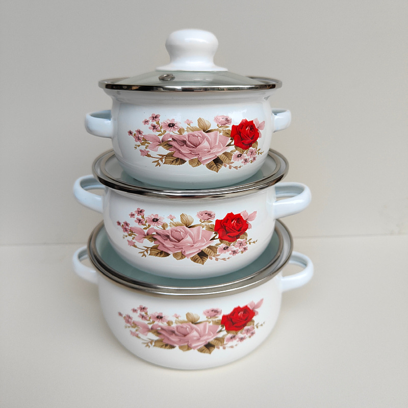 Olla de tres piezas de esmalte directo de fábrica mini olla de sopa aceite de doble oreja olla de fideos instantáneos fondo plano pequeña olla caliente