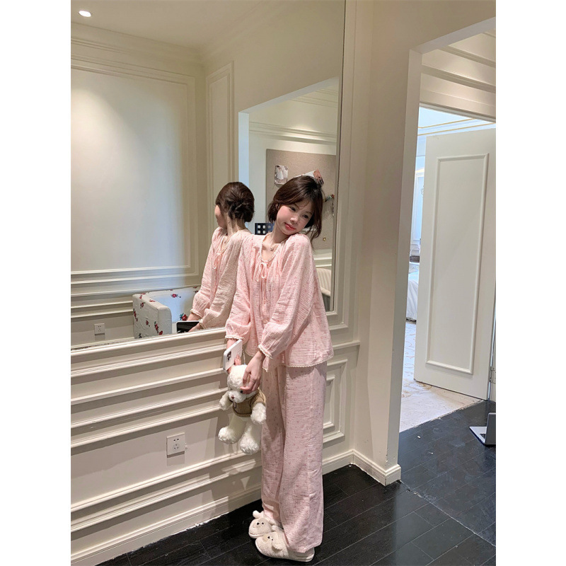 2025 甜美粉色少女蕾丝拼接花边家居服睡衣套装|undefined