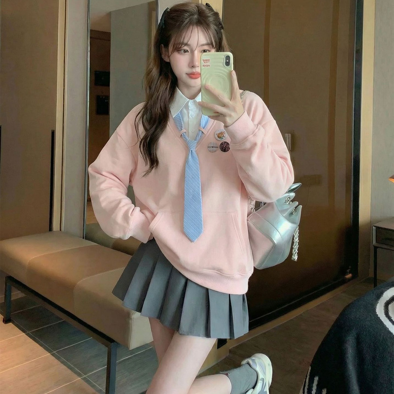 Thin Sweatshirt for Women, New Spring and Autumn Style, College Style with Tie, Faux Two-Piece, Color-Blocking, Loose Fit, Polo Collar Top, Women's Clothing