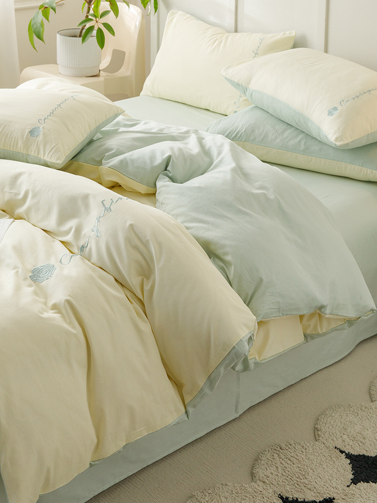 INS Pure Cotton Four-piece Set, Simple Embroidered All-cotton Bed Sheet And Duvet Cover Three-piece Set For Single Bed,_voghion.com