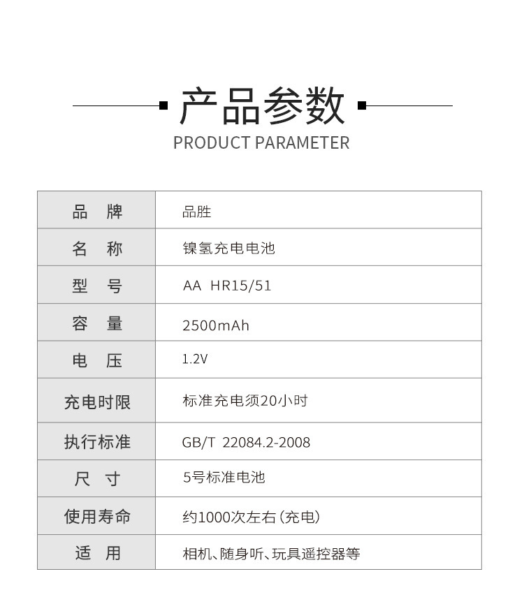 Pinsheng No. 5 Rechargeable Battery 2500Mah Nickel-Metal Hydride Battery (2 Pieces) 1300 Nickel-Metal Hydride Rechargeable Battery 2 Pieces Wholesale