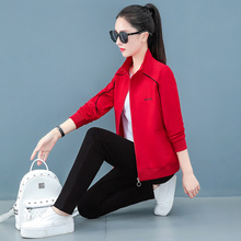 红色立领开衫运动服套装女春秋季新款跳舞广场时尚显瘦跑步三件套