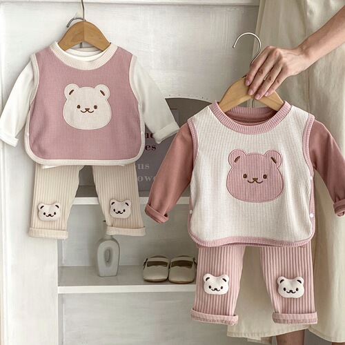  Autumn Infant Girl Bear Head Embroidered Vest + Solid Color Bottoming Shirt + Hollow Striped Leggings 3-piece Set