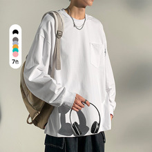 春秋新款男韩版圆领车标有型长袖T恤潮情侣网红同款纯棉纯色上衣