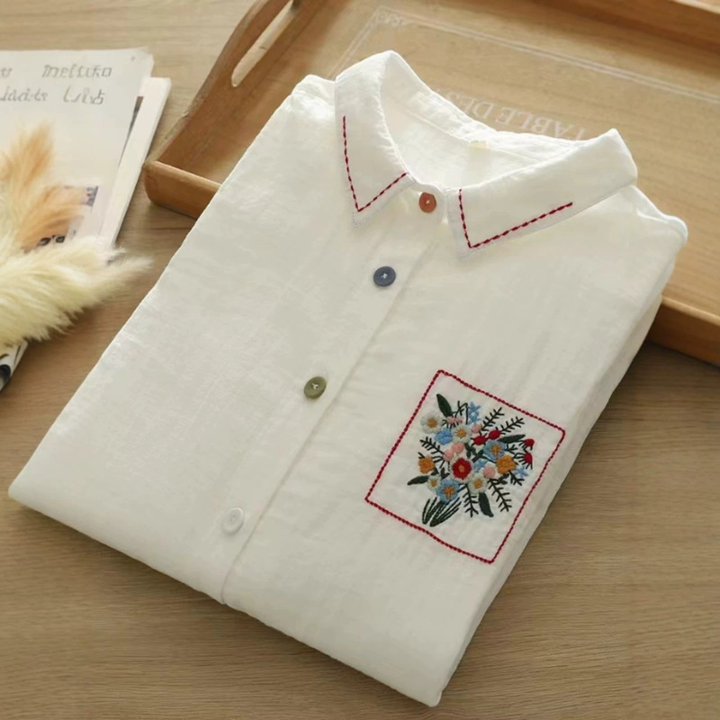 Multi-Pattern ~ Embroidered Double-Layer Cotton Gauze Long-Sleeved Shirt Women's Lapel Versatile Pure Cotton White Shirt Bottoming Shirt C60