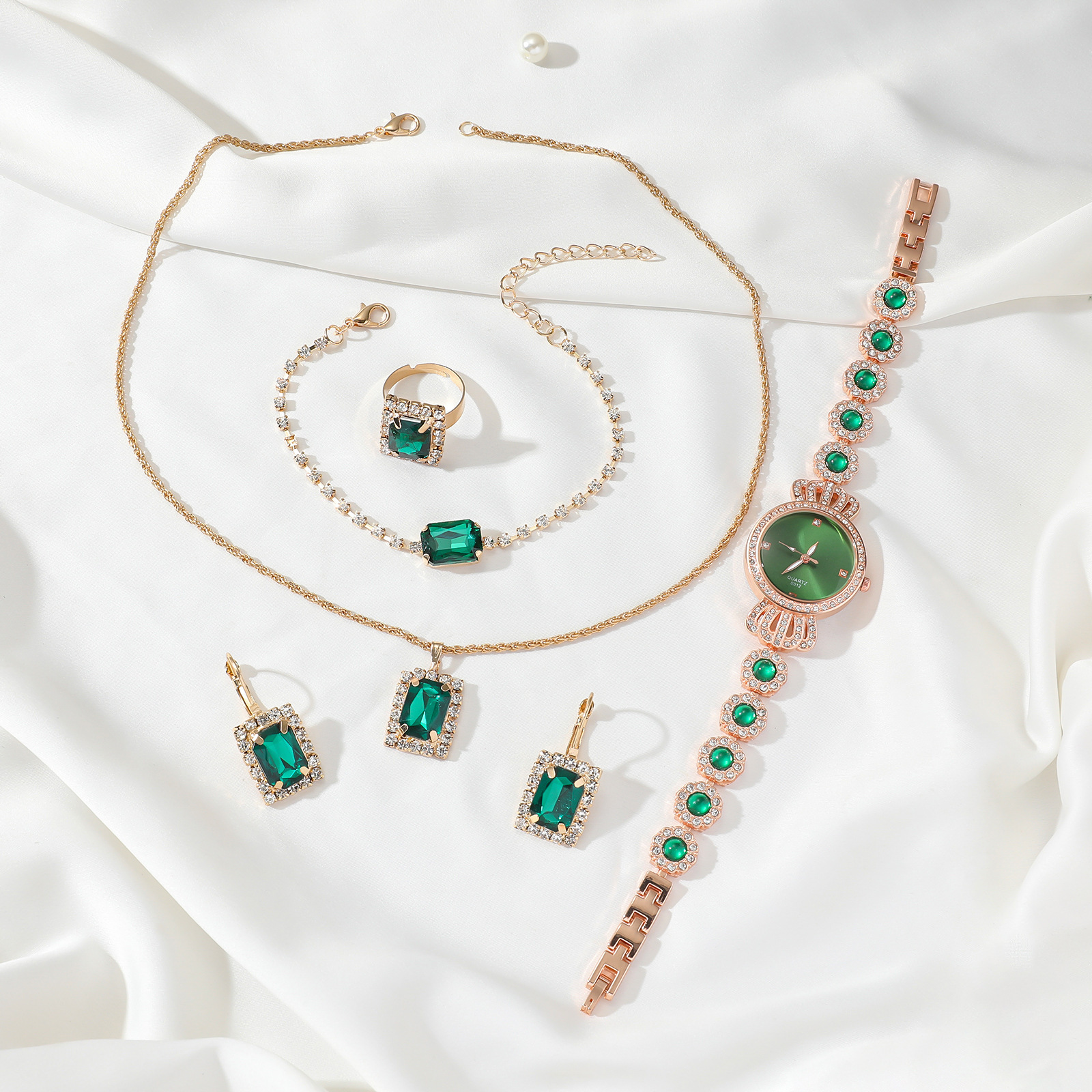 6 sztuk/zestaw damski modny lekki luksusowy szmaragdowy stalowy pasek kwarcowy zegarek + biżuteria zestaw biżuterii damski zegarek_voghion.com