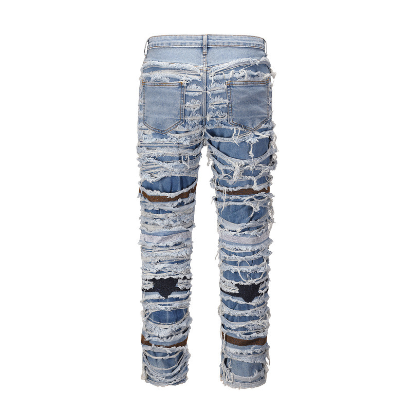 Abbigliamento maschile high street ins stesso retrò lavato vecchio buco ginocchio foderato baffi di gatto jeans dritti usurati_voghion.com
