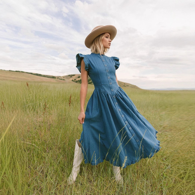 Pastoral Style Blue Stand-Up Collar Faux Denim Dress with Ruffled Sleeves and Single-Breasted Design for Women, Vacation Style