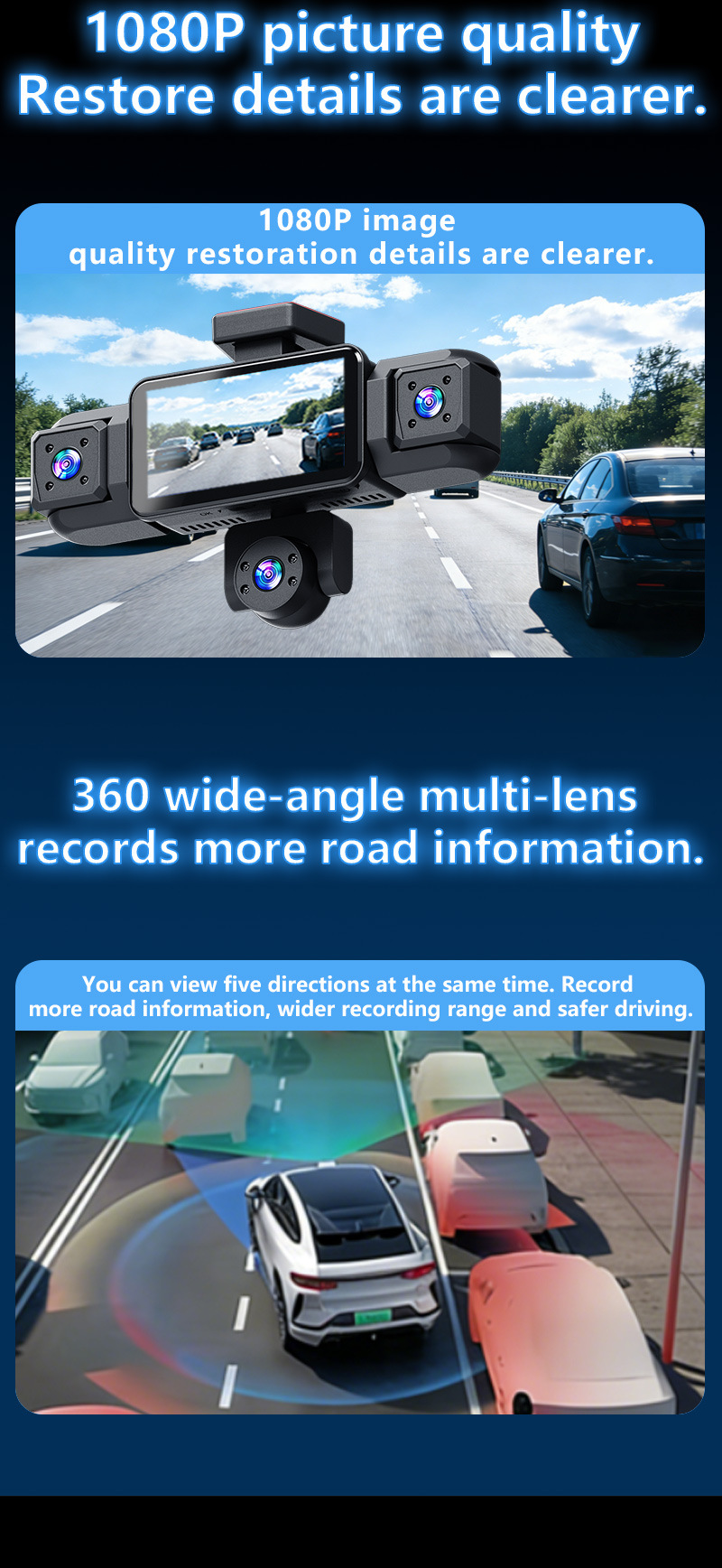 W19-5 lens dash cam, 3.16-inch 1080P HD night vision, five-channel recording, factory-installed camera, 360-degree panoramic view