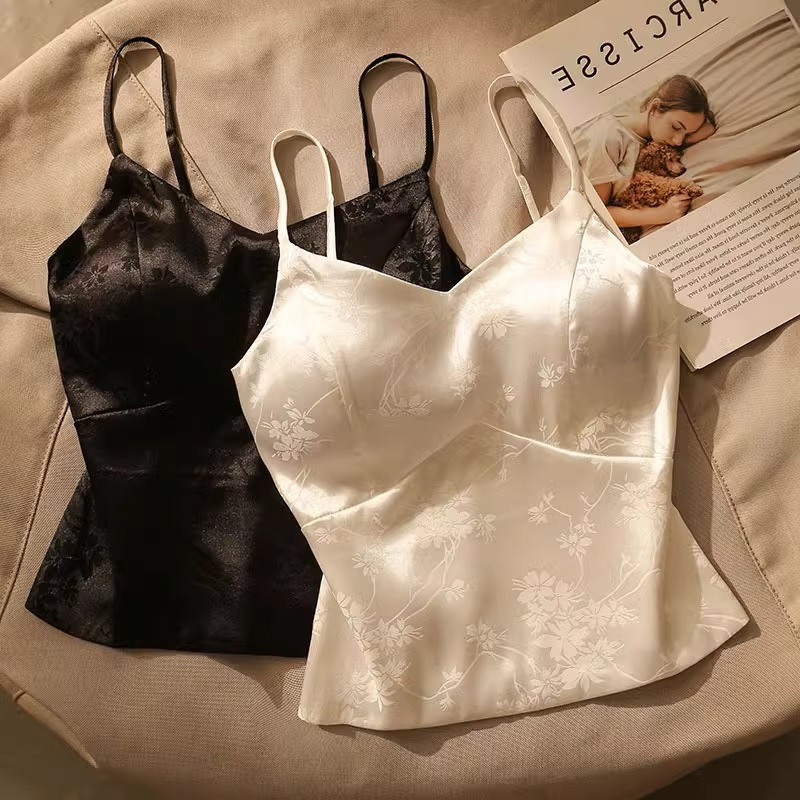 Retro New Chinese Style Tube Top French Printed Satin Camisole for Women Summer Outerwear New Model with Beautiful Back Design and Chest Pads