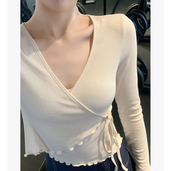 運動長袖女健身服V領瑜伽罩衫蝴蝶結抽繩花瓣裙邊彈力修身外穿