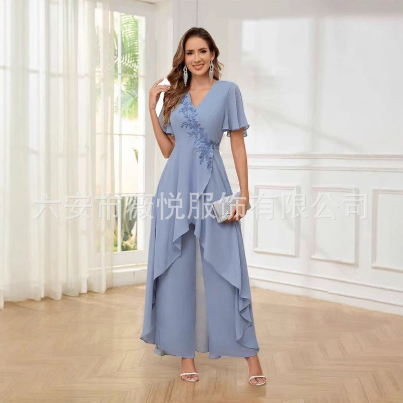 Aliexpress V-Neck Two-Piece Set for Mothers, 2026 New Long Solid Color Evening Dress Set Suitable for Daily Wear and Parties
