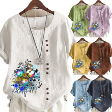 2022跨境速卖通亚马逊wish 欧美新款文艺特色印花棉麻短袖T恤衫