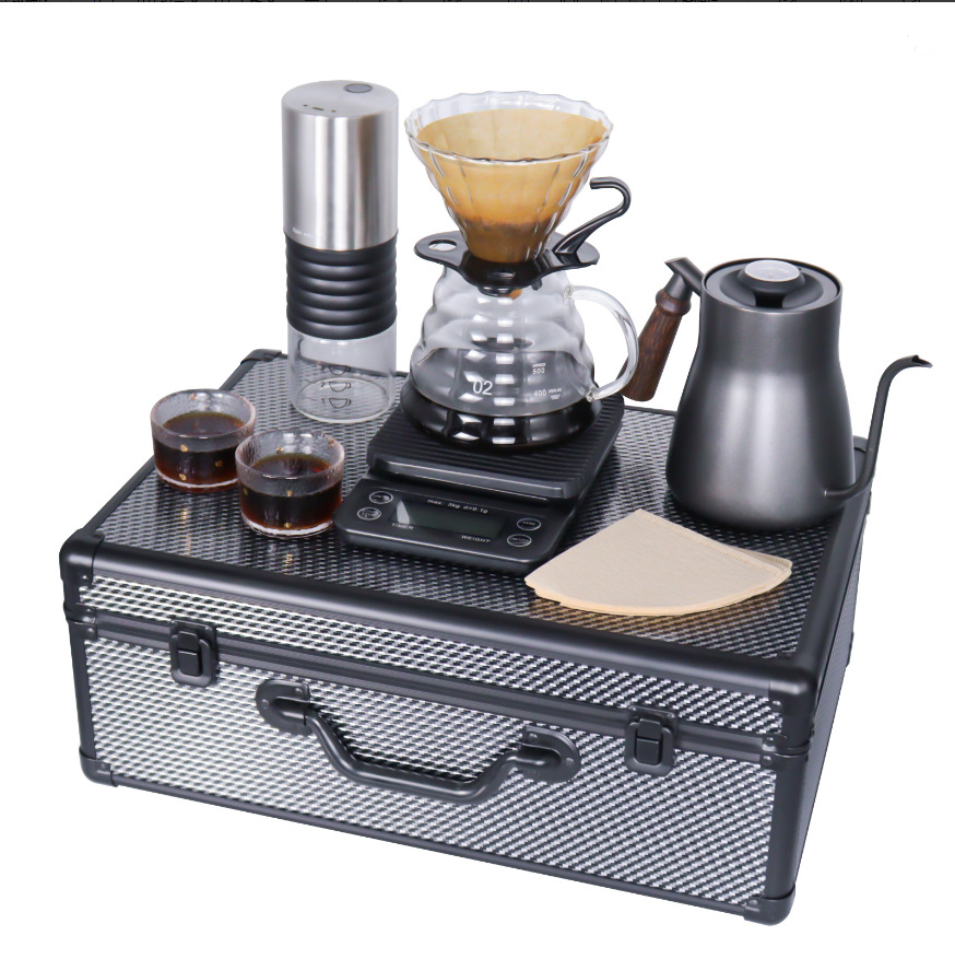 Seleccione un conjunto completo de cajas de almacenamiento de lujo para equipos de grado barista, un conjunto de café portátil al aire libre