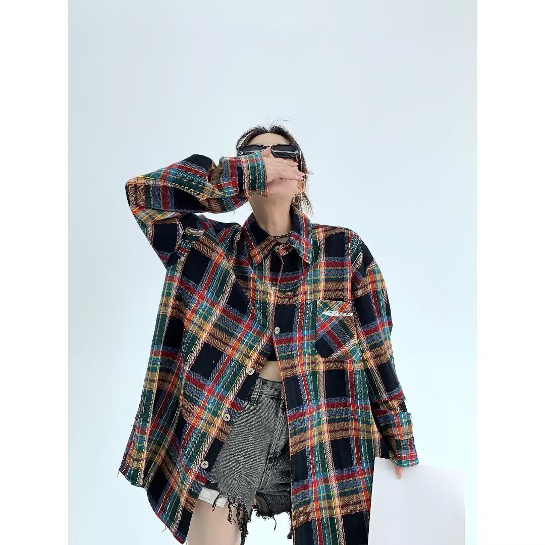 彩色格纹长袖衬衫宽松韩版衬衣外套时尚复古休闲百搭上衣