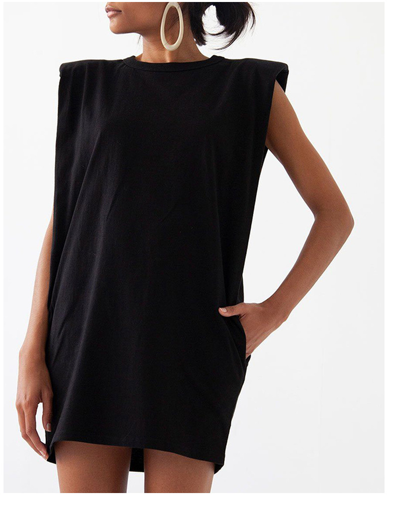 Solid Color round Neck Sleeveless Women Spring Casual Loose Padded Shoulder Dress Women