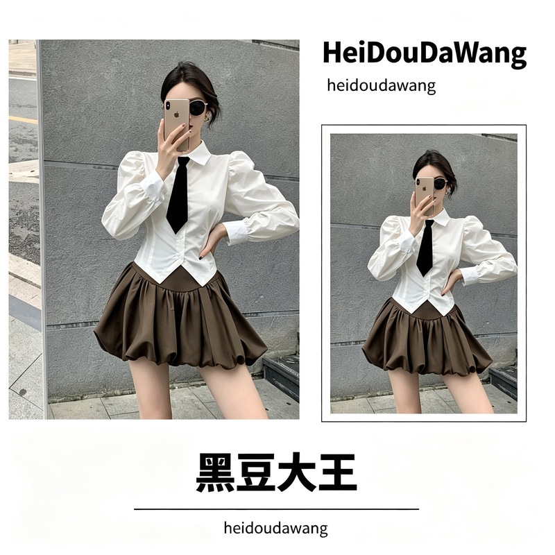 College-style long-sleeved white shirt for women, autumn elegant shirt with a unique design, sweet and spicy short puff-sleeve top College-style long-sleeved white shirt for women, autumn elegant shirt with a unique design, sweet and spicy short puff-sleeve top