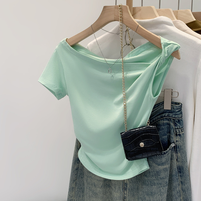 Korean Style Lazy Style Mint Green Swung Collar Slanted Shoulder Short-Sleeved T-Shirt for Women 2025 Summer Unique and Beautiful Early Summer Top