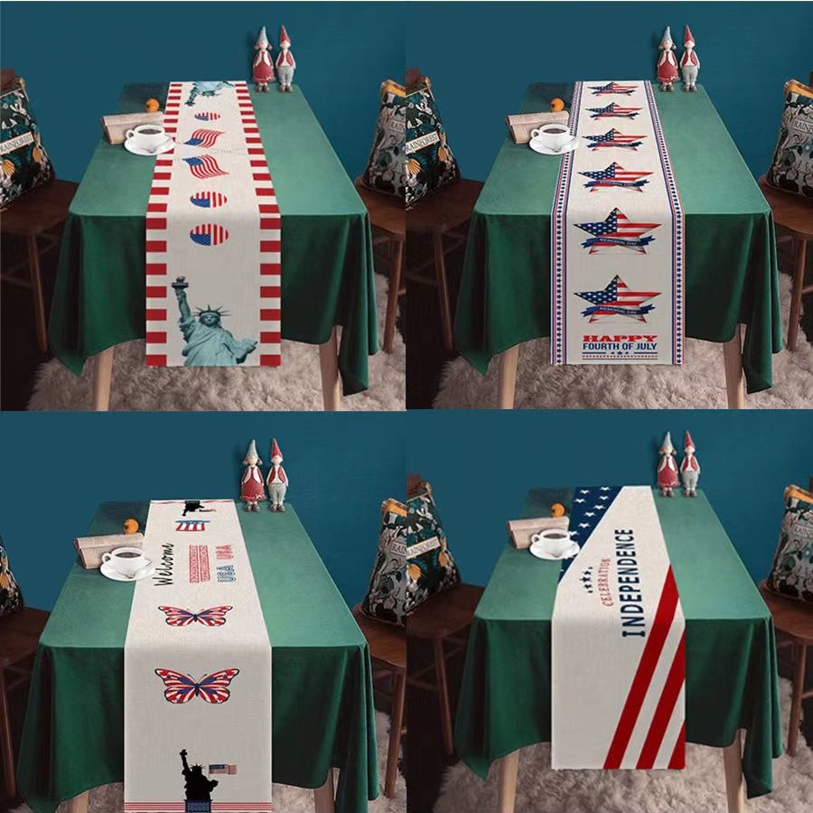 Transfronterizo 2024 nuevo día de la independencia de los Estados Unidos lino bandera de mesa bandera estrella y rayas tela de mesa de comedor cama de té tela de mesa