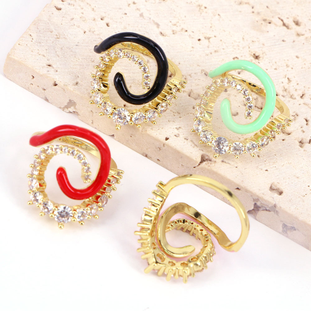 New spiral Colorful Oil dripping copper Micro-Inlaid Zircon open Ring
