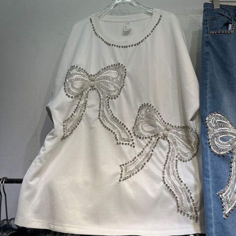 外国貿易人気のラインストーン装飾白Tシャツ+ワイドレッグジーンズ大きいサイズファットMM痩身ツーピースファッションスーツ|undefined