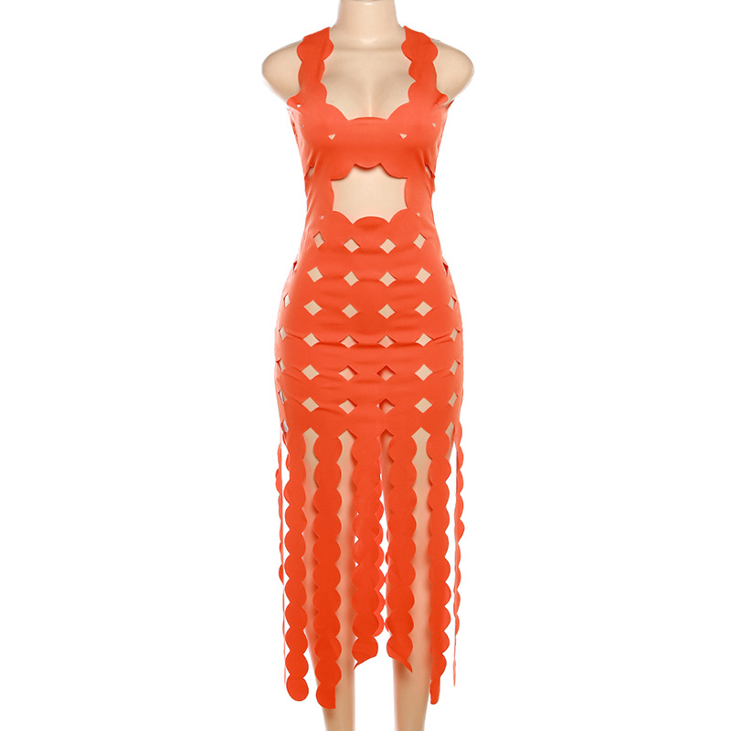 Summer Women Clothing Sexy Sleeveless Hollow Out Cutout High Waist Slim Slimming Maxi Dress