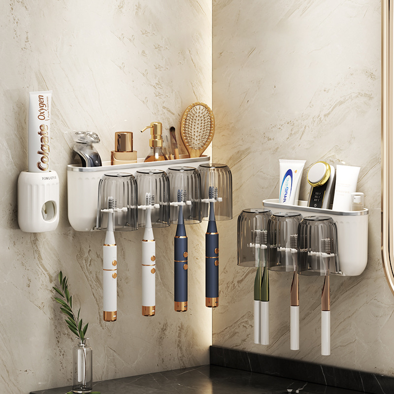 Toothbrush rack without punching, brushing cup, mouthwash cup, wall-mounted shelf, wall-mounted bathroom electric family set