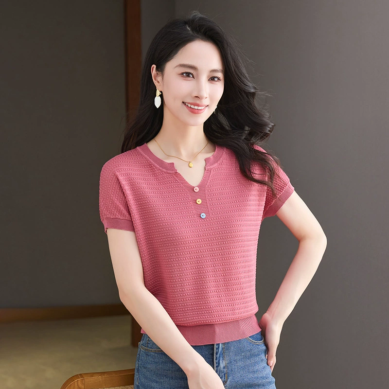 Летняя женская рубашка из ледяного шелка с коротким рукавом, трикотажная, модная новинка 2025 года, универсальный воротник, тонкая, удобная, топ