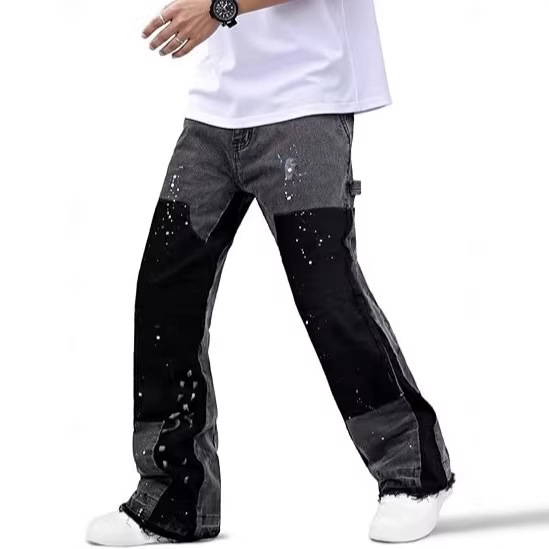 Men's Flared Jeans Streetwear Elastic Slim Fit Carpenter Denim Pants Men's Color-Blocking Painted Design