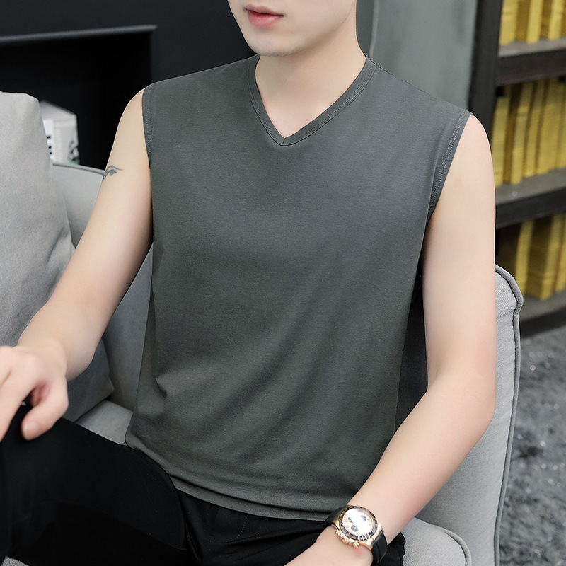 Modal Ice Silk Vest Men's Summer Thin Loose Shoulder Sleeveless T-shirt Sports Fitness Wide Shoulder Outer Wear Fashionable