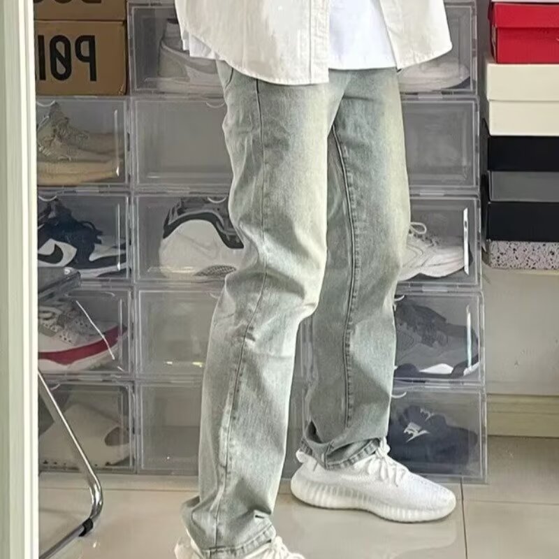 Vaqueros lavados con costuras para hombres y mujeres pantalones estilo vibe americano de calle alta tendencia de moda pantalones negros de pierna recta ~