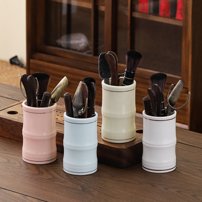 黑檀实木茶道六君子配件创意陶瓷茶具描金收纳笔筒单瓶可印LOGO|ms