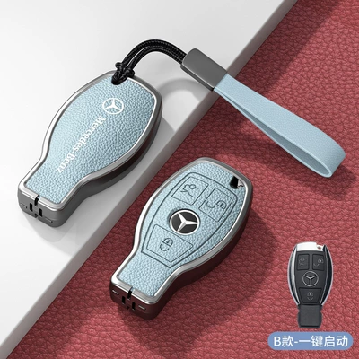 Men's and Women's Key Case Car key bag - standard-model-b-one-button-start-3-button-blue-zinc-alloy-shell-hand-strap