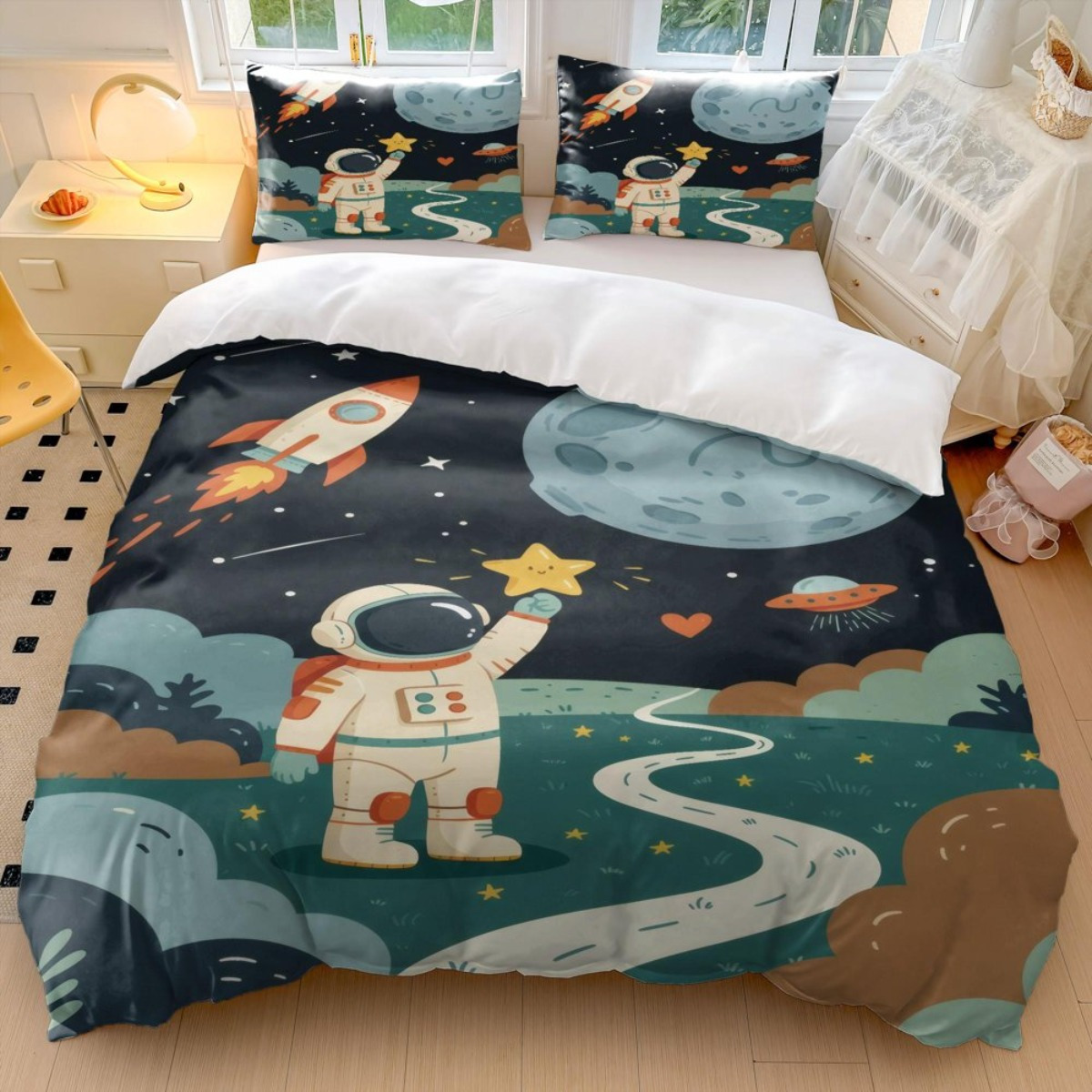 Fábrica de origen textil doméstico astronauta digital impresión set edredón suave piel respaldar TEMU / JIT