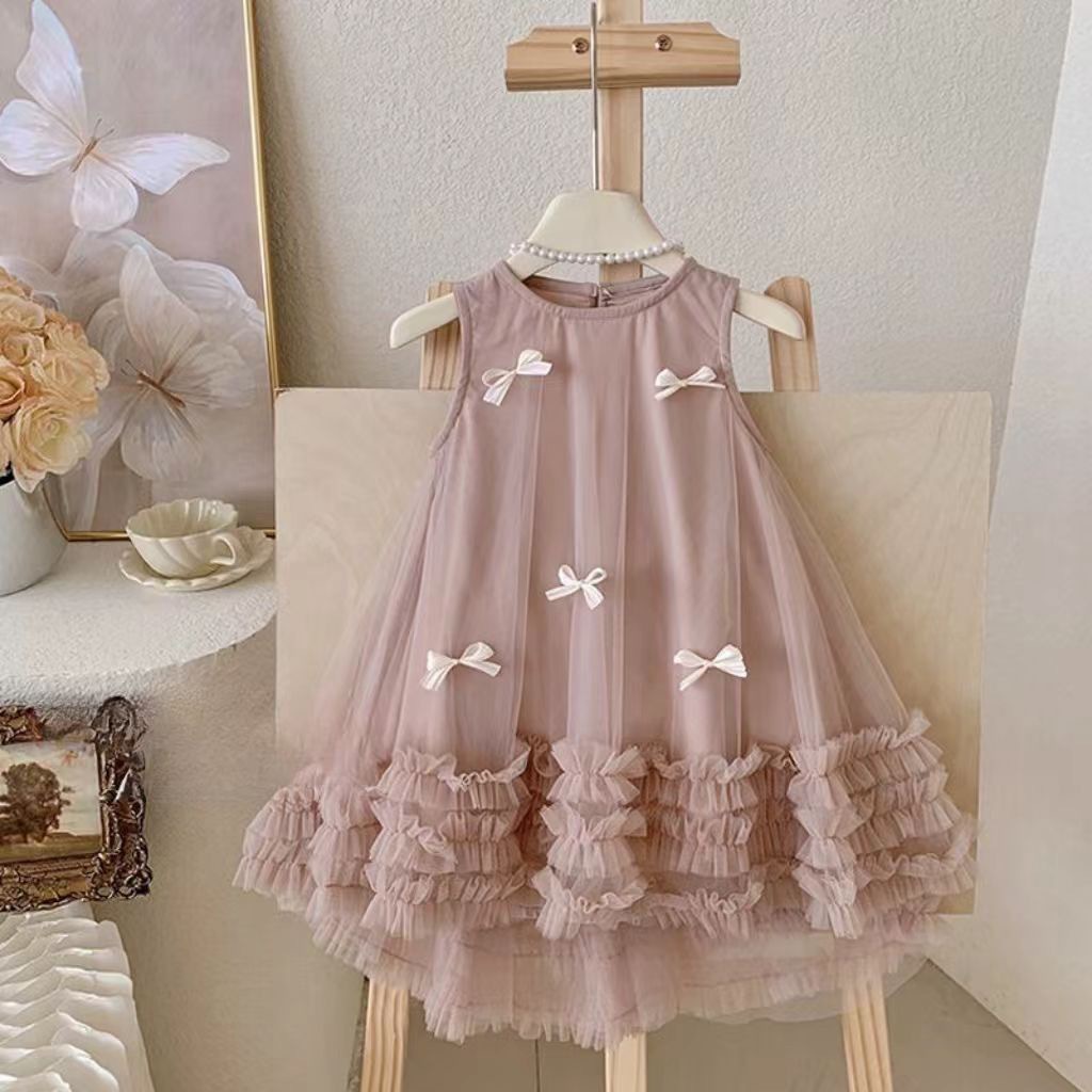 Girls Dress Sleeveless Fashionable Kidsren's Skirt Summer 2025 New Baby Girl Bow Birthday Princess Dress