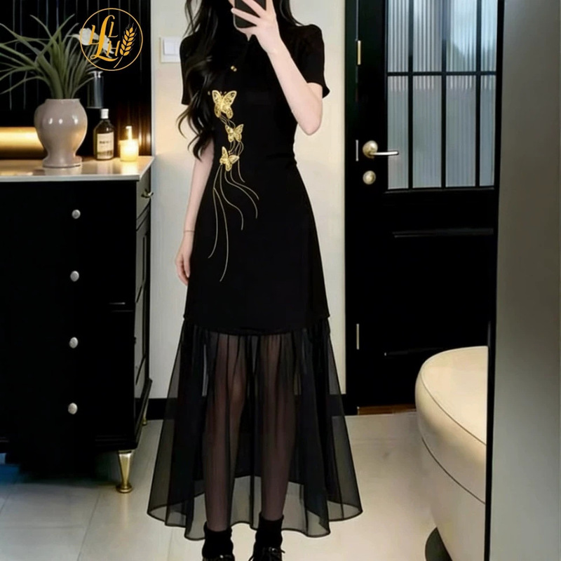 Plus-size summer new Chinese-style elegant slim-fit design butterfly embroidery modified cheongsam black dress