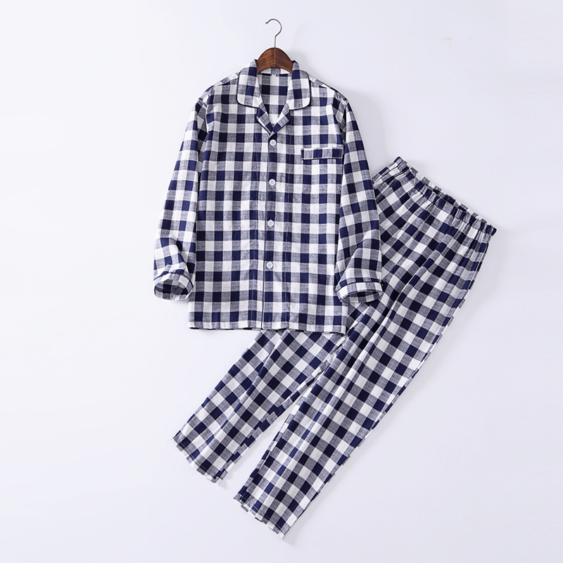 블루 체크 무늬 긴 소매 바지