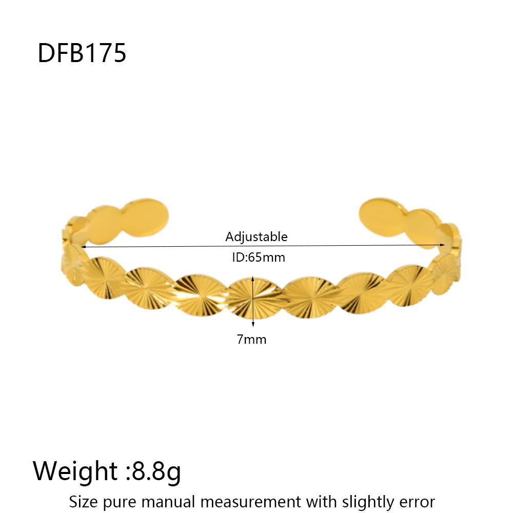 18g Weight 0.03µm-0.05µm Gold Plating Thickness PVD Coated Gold Plating Process 18K Real Gold Plated Plating Material Zircon Inlay Material Bangle Classification 1 Piece Quantity Casual, Holiday, Daily, Street Occasion 304 Stainless Steel Material Geometric Pattern Women's Gender Retro, Classic Style Style Mixed Metal, Plating, Hammered Craft Retro Classic Style Geometric 304 Stainless Steel 18K Gold Plated Bangle In Bulk 7