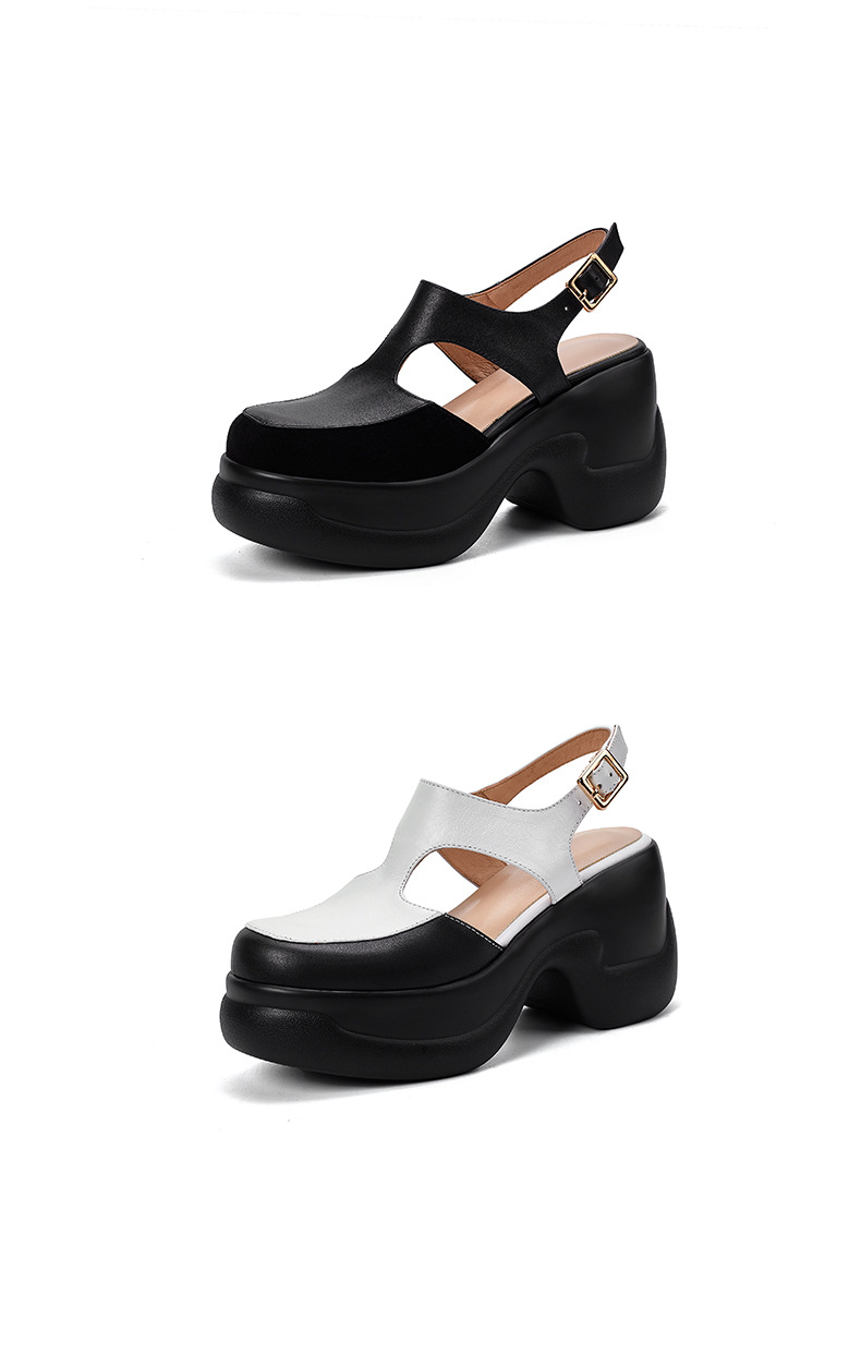 Sandal nữ da bò cao gót đế xuồng phong cách La Mã hở mũi — màu đen, màu trắng chi tiết 14