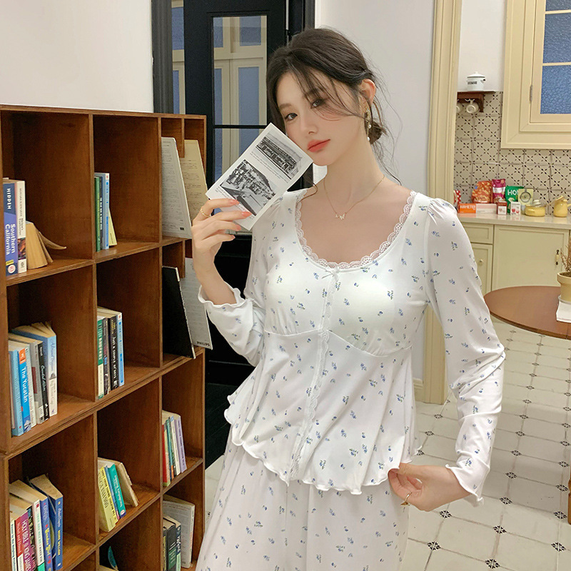 法式新款睡衣女带胸垫莫代尔长袖公主甜美圆领蕾丝碎花仙女套装|undefined