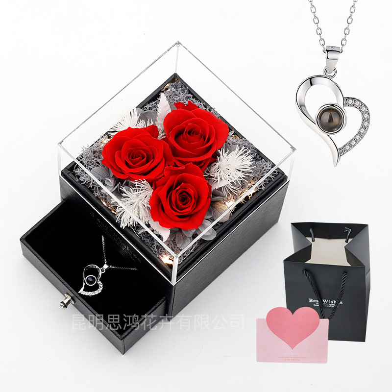 Caja de regalo de joyería con luz, rosa de flor real eterna, para el Día de San Valentín y el Día de la Madre, venta al por mayor transfronteriza de Amazon.