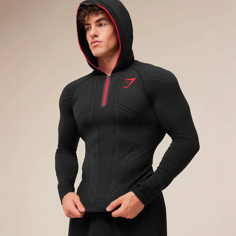 GYMSHARK/ONYX V1 Men's Sports Long-Sleeve Fitness Quick-Dry Breathable Stretchy Half-Zip Hooded Sweatshirt, Thin Style